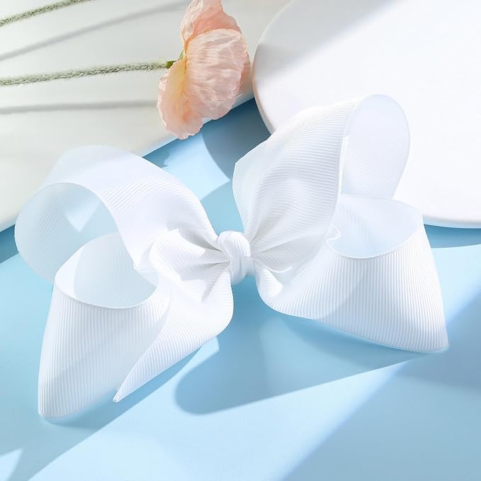 2PCS Oaoleer Layered Grosgrain Ribbon Alligator Hair Clips, White 6-inch Barrettes for Girls, Infants, Toddlers, Kids, and Teens