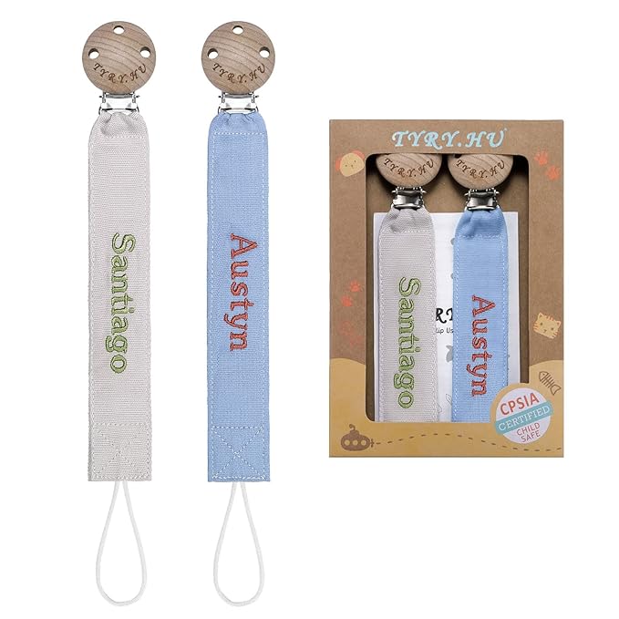 TYRY.HU Personalized Pacifier Clip with Name, Embroidery Webbing Pacifier Holder for Baby Girls and Boys, Neutral Pacifier Leash Universally Fit All Pacifiers, 2 Pack Baby Gift(Grey, Blue)