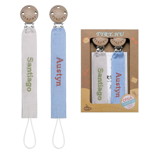 TYRY.HU Personalized Pacifier Clip with Name, Embroidery Webbing Pacifier Holder for Baby Girls and Boys, Neutral Pacifier Leash Universally Fit All Pacifiers, 2 Pack Baby Gift(Grey, Blue)