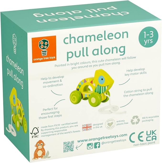 Orange Tree Toys: Pull Along: Chameleon - Wooden Toy, Colorful Wheeled Character, Encourage First Steps, FSC Certified, Toddler & Kids Ages 1+