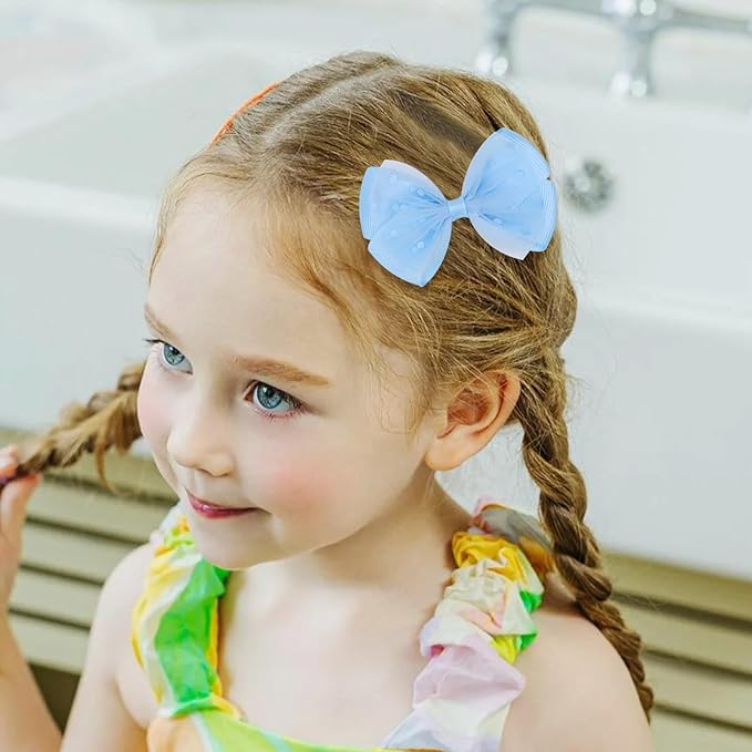 Tiny 3 Inch Dot Organza Double Hair Bow Clips - Cute Lined Boutique Alligator Hairpin for Girls, Toddlers, and Little Teens - Kids Barrettes Set of 2 Small Stylish (Light Blue)