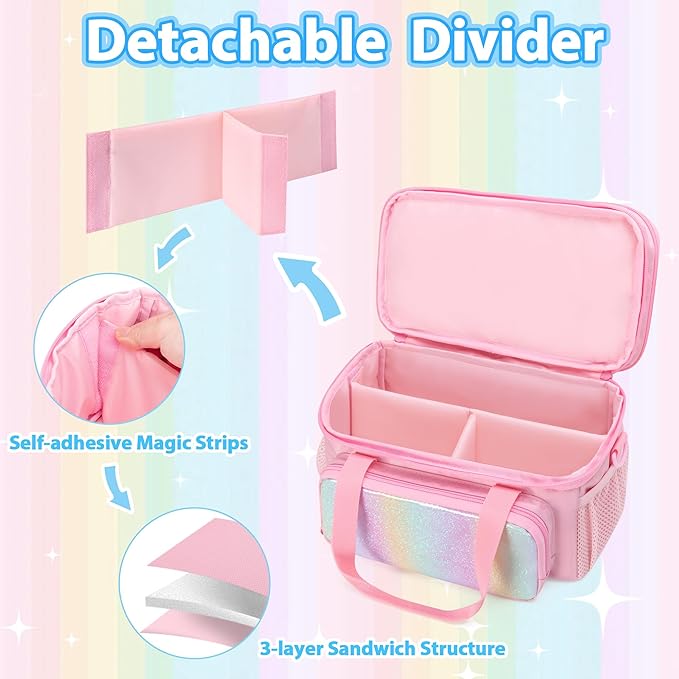 GRAOSO Hair Bow Organizer for Baby Girls, Double Layer Hair Accessories Storage Bag, Rainbow Sequins Design, with Handle and Detachable Shoulder Strap (Case only) (Pink)