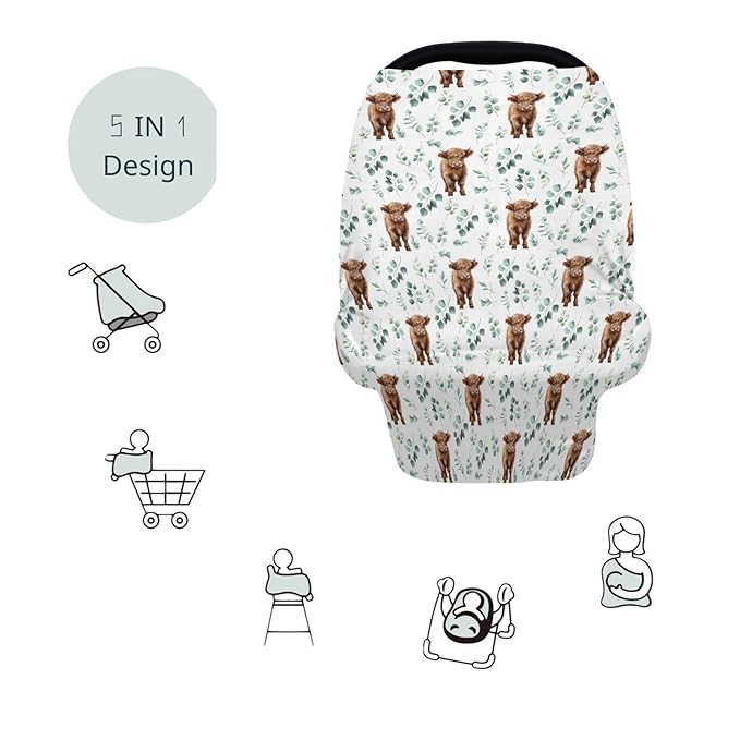 HawSkgFub Highland Cow Eucalyptus Leaf 5-in-1 Car Seat Cover for Baby Boy Cow Lover Gift, Western Cowboy Privacy Breastfeeding Nursing Cover, Newborn Infant Multi-use Carseat Canopy Carrier