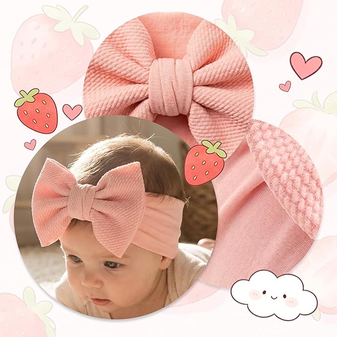 Qchengsan 3 Pack Baby Girl Headbands with Bows, Soft Stretchy Nylon Hair Accessories for Newborn Infant Toddler, Cute Strawberry Shortcake Baby Stuff, Red Pink Ribbon for Photos, Shower Gifts