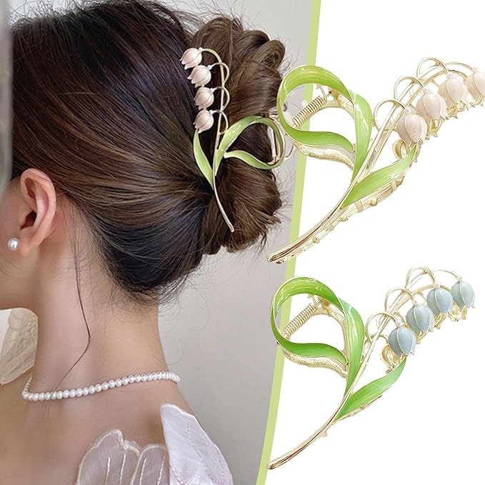 1PC Pink Gold Lily of The Valley Flower Hair Clips, Large Metal Claw Clip,Orchid Clamps,Lily Jaw Clamp Styling Accessories for Thick Thin Clips and Barrettes