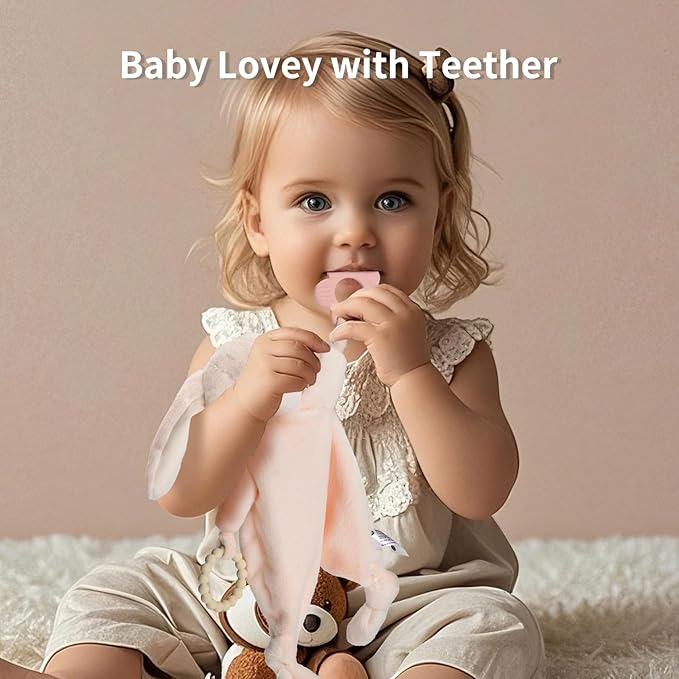 Loveys for Babies, Lovey Including Silicone Teether, Soft Bunny Stuffed Animals Security Blanket, Baby Snuggle Toy, for Newborn Boys and Girls
