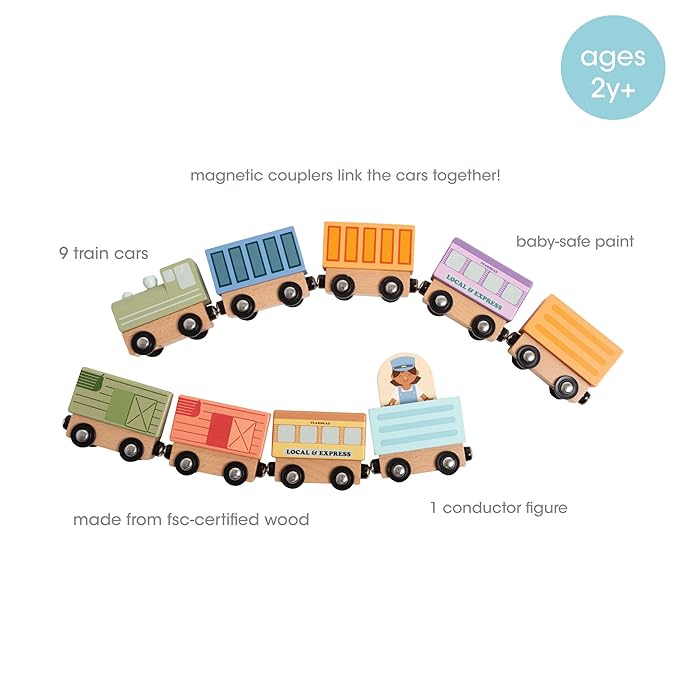 Pearhead Wooden Train Set for Toddlers – 10-Piece Magnetic Train Cars, FSC-Certified Wood, Montessori STEM Toy, Develops Fine Motor Skills, Compatible with Major Brands, Boys and Girls, Ages 2 3 4