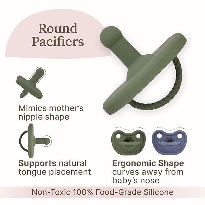 Round Shape Silicone Pacifiers (Set of 2); 0 Months and up; 100% Food-Grade Silicone; Ultra-Light Silicone Binkies Set; 1 Piece Design (Olive/Ocean) - Mila & Lulu