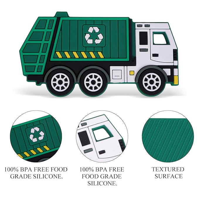Car Series Baby Teething Toys,Food Grade Silicone Chew Teether for 3 Months+ Infant Boy and Girl,Toddler Sensory Chewing Teether,BPA Free. (Garbage Truck,Green)