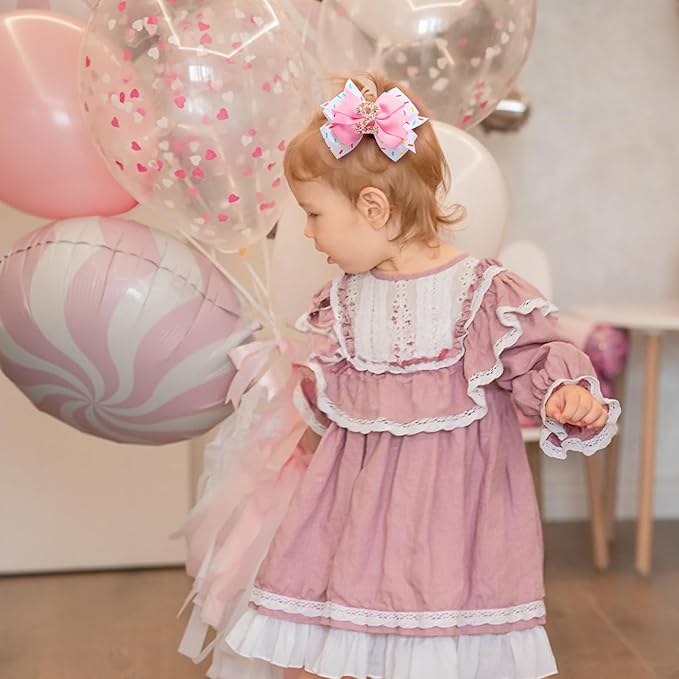 Birthday Hair Bow for Baby Girls 1 2 3 4 5 6 Years Sprinkle Decorations Confetti Ice Cream Party Pink Hair Accessories for 2nd Birthday