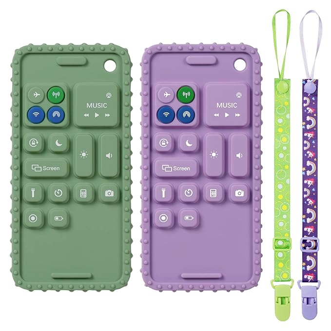 Aolso 2PCS Silicone Baby Teething Toys, Cell Phone Teether Toys with 2PCS Pacifier Clip, Baby Teething Toys for 0-12 Months, Baby Phone Chew Toys BPA Free/Freezable/Dishwasher(Purple&Green)
