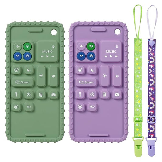 Aolso 2PCS Silicone Baby Teething Toys, Cell Phone Teether Toys with 2PCS Pacifier Clip, Baby Teething Toys for 0-12 Months, Baby Phone Chew Toys BPA Free/Freezable/Dishwasher(Purple&Green)