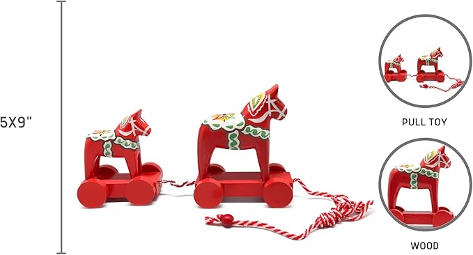 Red Wooden Pull Toy Dala Horse (2 Horses)
