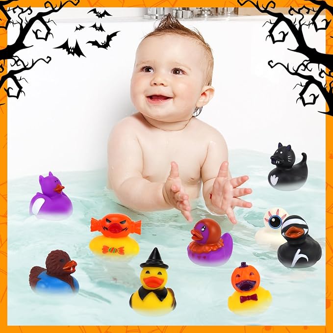 50 Pcs Halloween Rubber Ducks, Halloween Ducks for Jeeps Ducking, Random Assortment Mini Rubber Duckie Toys for Kids Baby Bath Shower Toys Trick or Treat Fillers, Gift Exchange