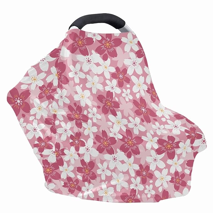 Coldinair Cherry Blossom Print Car Seat Cover for Baby Girls,Soft Stretchy Carseat Canopy,Nursing Cover,Grocery Cart Cover,High Chair Cover