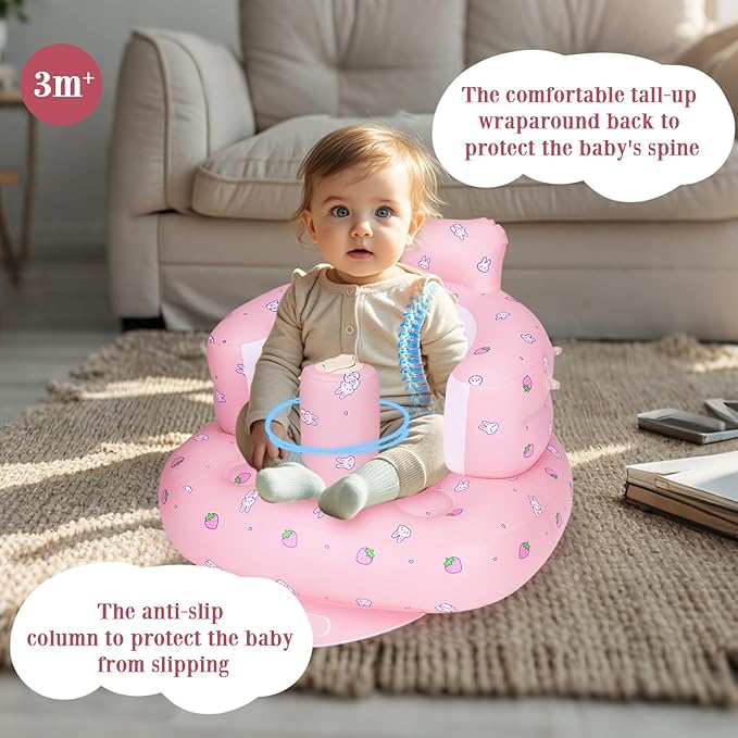 AirSwim Inflatable Baby Seat with Detachable Canopy and Built-in Pump, Inflatable Baby Chair for Babies 3 Months and Up, Sit Me Up Chair for Outdoor Indoor, Bumbo Seat for Infants, Strawberry