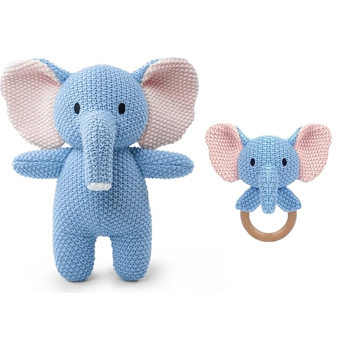 10" Crochet Elephant Stuffed Animal with Rattle, Pure Cotton Soft Crochet Doll Plush Toy for Newborn, Handmade First Birthday Gift