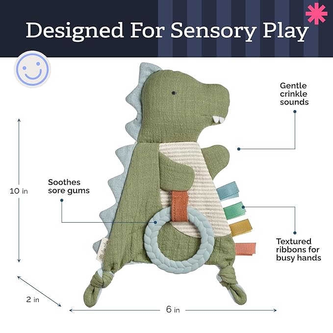 Itzy Ritzy - Bitzy Crinkle Sensory Toy Dinosaur with Crinkle Sound for Babies & Toddlers - Features Soft Braided Teething Ring & Textured Ribbons, Designed for Ages 0 Months and Up, Dinosaur