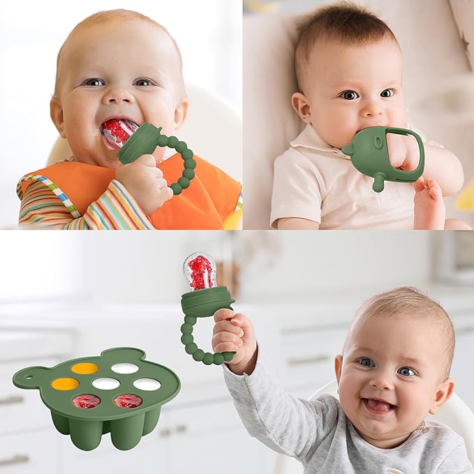 6-in-1 Baby Fruit Feeder Pacifier & Baby Food Feeder Set – Silicone Breastmilk Popsicle Mold with Freezer Tray, Teething Relief Toy, BPA Free Infant Feeder, 3 Sizes (S/M/L) Sacs (Olive Green)