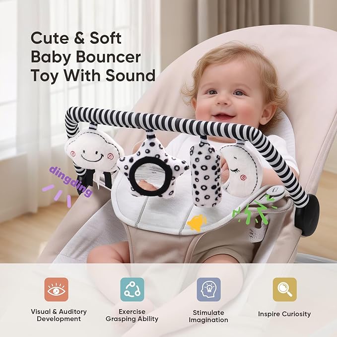 TinlyFinly Baby Bouncer Toy Bar Soft with 4 Hanging Sensory Toys Attachment, Compatible with Baby Bjorn Bouncer, with Mirror, Rattle, Crinkle Sound for Babies All Ages (Black and White Shapes)