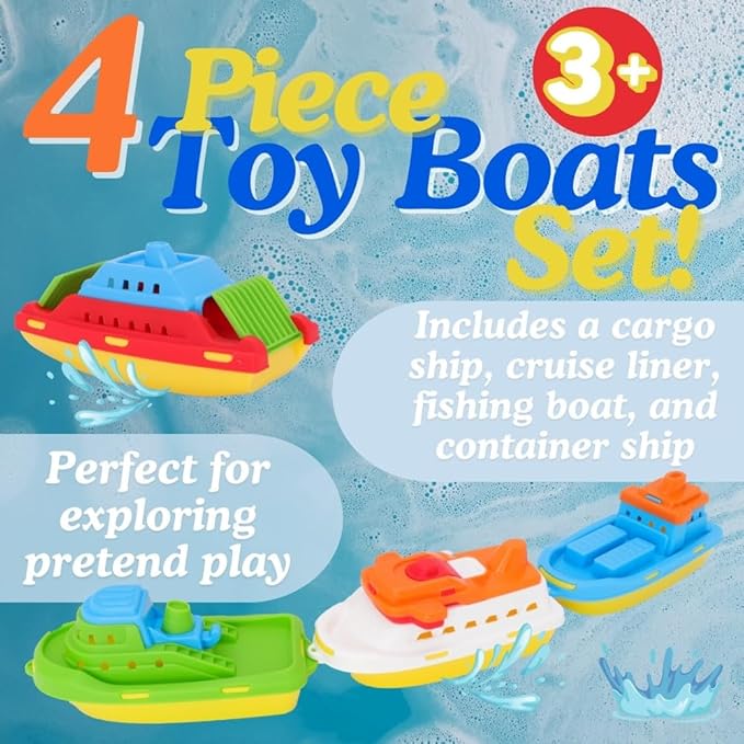 Toyland® Pack of 4 Floating Boats - Cargo Ship, Cruise Liner, Fishing Boat & Container Ship - Bathtub, Pool, and Water Play Toys for Kids 3 Years Plus