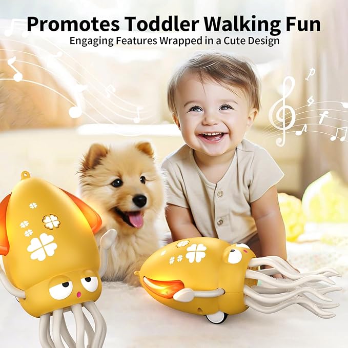 Electric Dancing Octopus Toy with Led Light and Music, Kids Electric Crawling Octopus Tummy Time Toys, Rechargeable Interactive Sensory Toy, for Christmas Birthday Gift(Yellow)