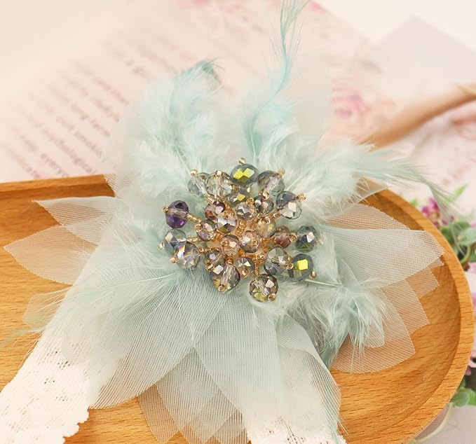 Bethynas Baby Girls Lace Feather Headband Beads Gauze Flower Elastic Toddler Hairband Birthday Party Princess Hair Accessories for Newborn Infant (Green)