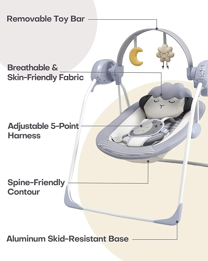 Baby Swings for Infants, Portable Baby Swing with 5-Speed, with Music and Timing for 0-9 Months 6-20 lbs