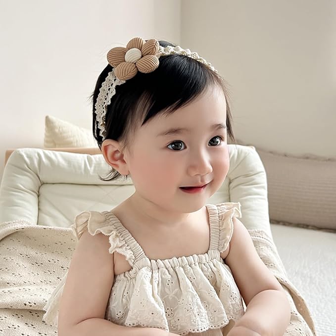 Baby Girls Hairbands Lace Flowers Headband Handmade Soft Stretchy Colorful Flower Hairband Newborn Headbands with Pearls Elastic Hairbands for Infant Head Band (Brown Flowers)