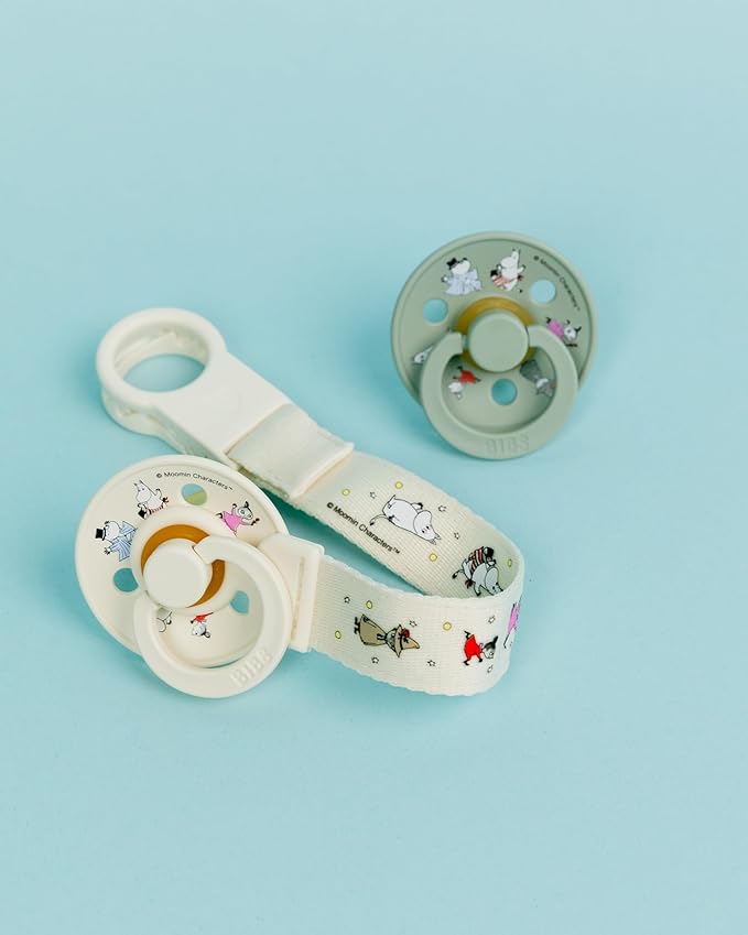 BIBS x Moomins Loop Pacifier Clip - Sleek, Secure One-Handed Operation, Fits All BIBS, Machine Washable, Slim Profile for Comfort, Ages 0+ - Ivory
