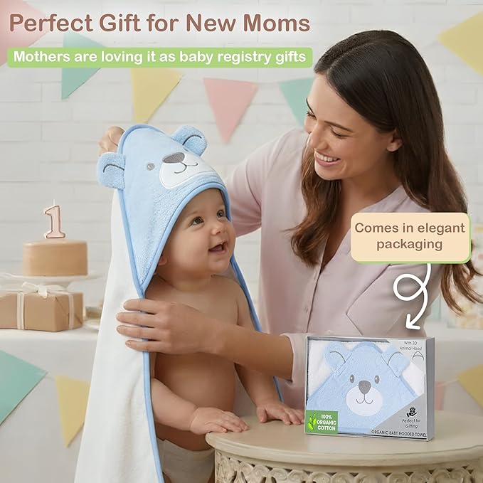 Mother's Choice 100% Organic Cotton Hooded Toddler Towels – Large Cotton, Ultra-Soft & Absorbent Baby Towels for Newborns, Infants, Toddlers, Boys & Girls with Animal Hood (Blue Bear)