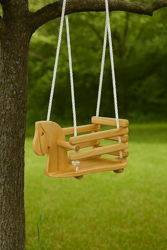 Horse Shaped Infant Swing Wooden Toddler Swing for Indoor/Outdoor Play, Bucket Seat Design, Safe & Comfortable for Ages 12-36 Months, Includes Durable 78-inch Ropes, Perfect for Playsets