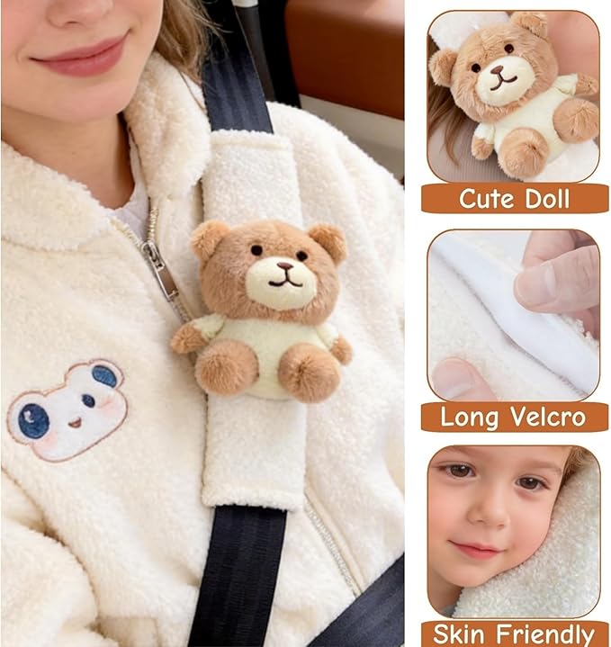 2 PCS Seat Belt Cover Pad, Cute Kawaii Animal Bear Seatbelt Covers for Kids and Adults, Winter Plush Fluffy Soft Seat Belt Cover, Cartoon Seatbelt Cushion,Car Seat Strap Pads (D-Bear)