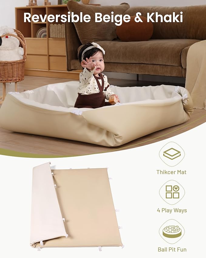 Hikiddy Baby Floor Play Mat : 2-in-1 Padded Foam Play Mat for Playpen & Ball Pit for Infants and Toddlers
