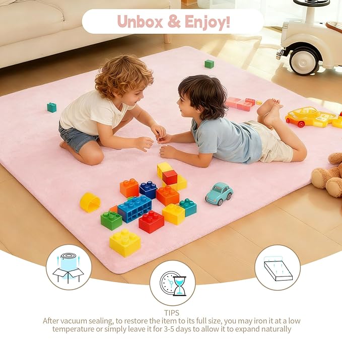 Velvet Baby Play Mat for Floor, 1.3" Thick Elasti-Foam 47"×47" Playpen Mat with Removable & Washable Velvet Cover for Toddler, Infant,Kids, Non-Slip Crawling Mat for Tummy Time (Pink)