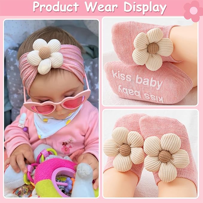 MIUXUESO Baby Girls Headbands and Socks Newborn Flower Hairbands Non-Slip Grips Socks Nylon Hair Accessories Infants and Toddlers (Beige, 6-12 Months)