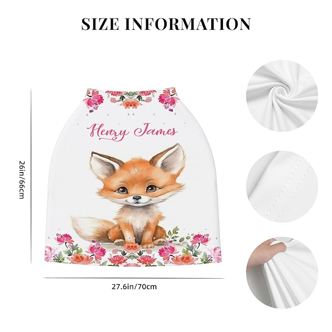 Personalized Car Seat Covers with Name, Fox Baby Canopy Carrier Cover, Breathable Breastfeeding Nursing Cover, Stretchy Multi-Use Infant Carseat Stroller Cover