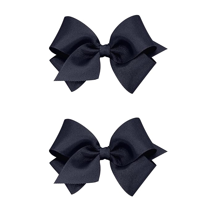 Wee Ones Girls 2 Pack Grosgrain Hair Bows with Plain Wrap Centre on a Wee Stay No Slip Clip, Small, Navy