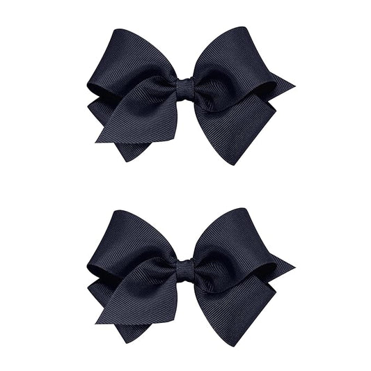 Wee Ones Girls 2 Pack Grosgrain Hair Bows with Plain Wrap Centre on a Wee Stay No Slip Clip, Small, Navy