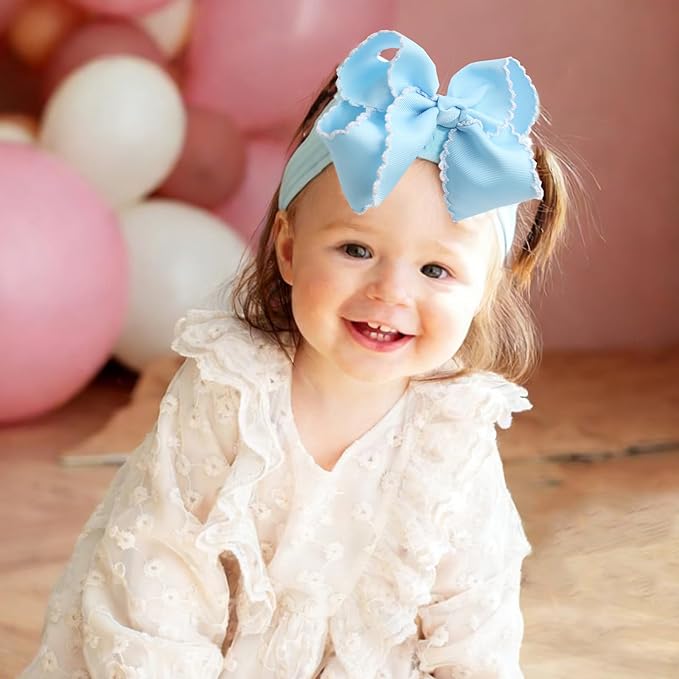 6'' Jumbo Blue Baby Girls Bow Headbands, Handmade Grosgrain Moonstitch Boutique Baby Headwraps, Super Stretchy Soft Nylon Headbands for Newborns, Infants & Toddlers