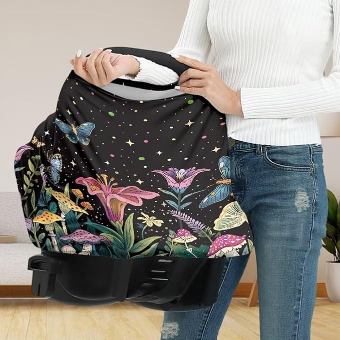 Coldinair Mushroom Car Seat Cover for Babies Boys Girls,Floral Nursing Cover,Soft Stretchy Infant Carseat Canopy,Shopping Cart/High Chair/Stroller Covers