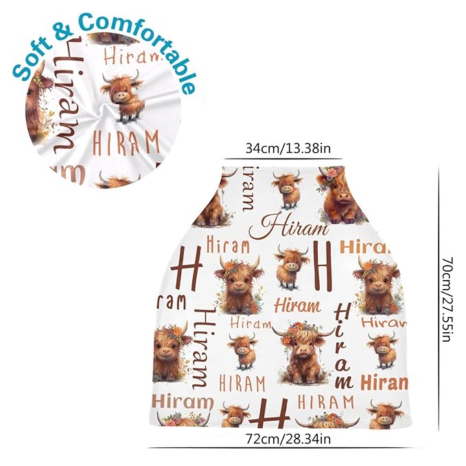Personalized Highland Cow Baby Car Seat Cover for Boys Girls, Customized Baby Multi Use Carseat Cover with Monogram Name, Nursing Cover Breastfeeding Scarf Stroller Canopy for Newborn Infant