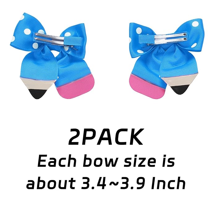 YKW Blue Polka Dot Pencil Hair Bow Clip for Girls - Cute School Themed Grosgrain Ribbon Accessory with Secure Metal Fastener - First Day Teacher Gift - 3.9 Inch