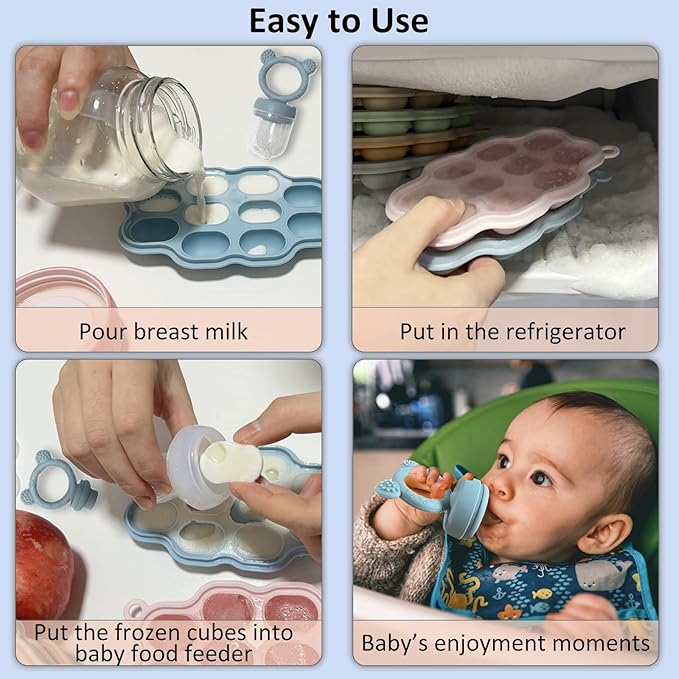 Baby Breastmilk Popsicle Freezer Molds & Baby Fruit Food Feeder Pacifier Set, JEXFUN Baby Silicone Nibble Freezer Tray Food Storage Containers, Breast Milk Ice Cubes for Teething & Self Feeding