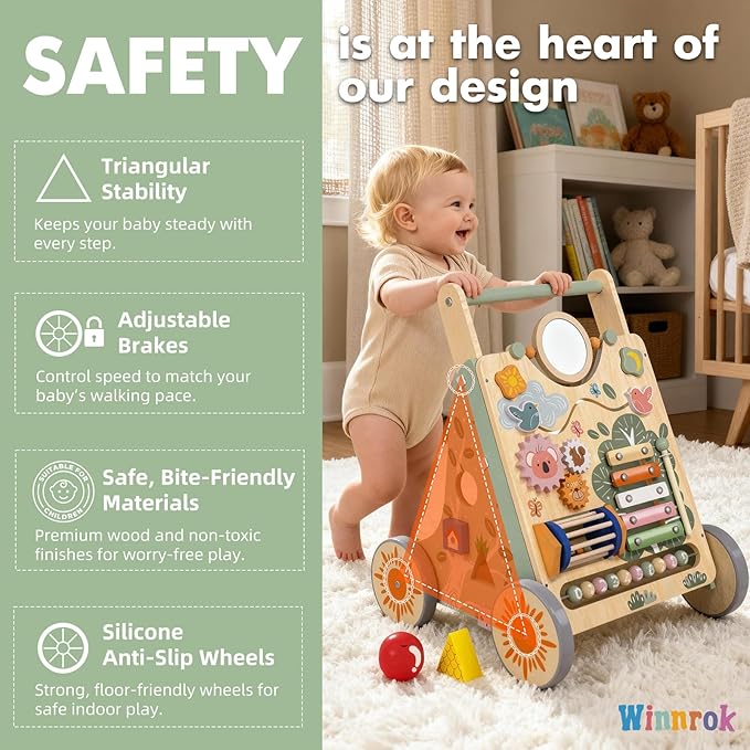 Wooden Baby Walker with Wheels, Speed & Height Adjustable, Baby Push Walker for 6-12 18 Months Boys Girls, Montessori Walker Easter Toy for 1 Year Old, Learning to Walk & Sit-to-Stand Activity Center