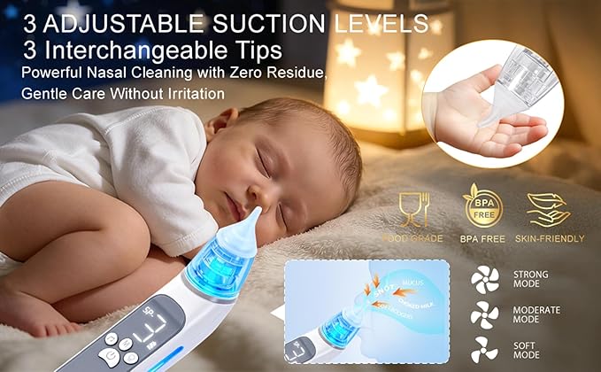 Electric Nasal Aspirator for Baby,POLEDY Waterproof Nose Sucker for Toddlers, Nose Cleaner with 3 Silicone Tips,3 Adjustable Suction Levels, Baby Booger Sucker with Music-Light Soothing Feature ﻿