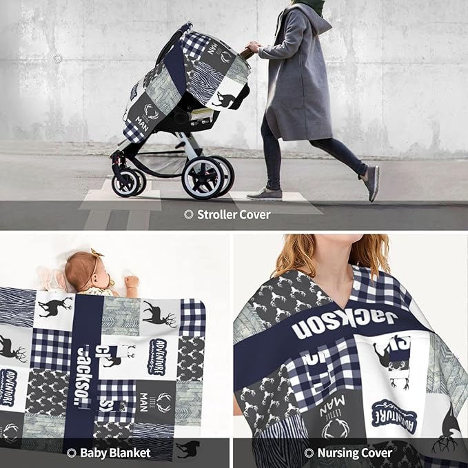 Personalized Baby Car Seat Canopy with Name, Custom Woodland Deer Baby Car Seats Covers for Baby Boy, Opening Minky Nursing Breastfeeding Cover for Infant, Carseat Canopies for Newborn