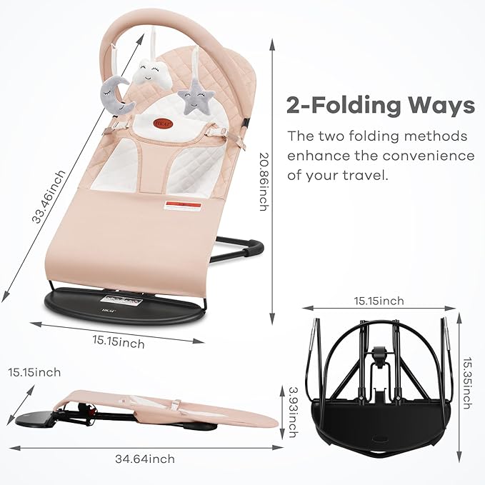 HKAI Baby Bouncer, Portable Baby Bouncer Seat for Babies 0-18 Months, 100% Cotton Fabrics, 3 Modes of use with Rocker and Stationary Options, Infant Rocker Chair with Hanging Toys-Organic Oat