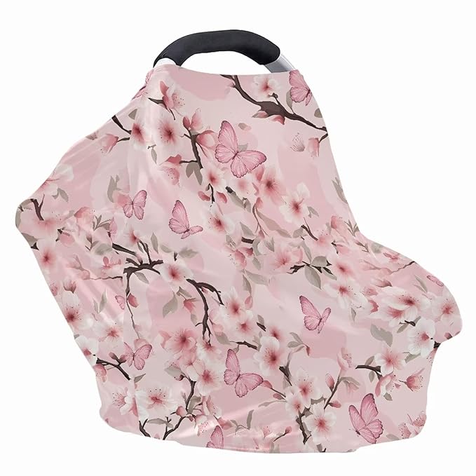 LedBack Pink Butterfly Sakura Stretchy Car Seat Cover for Babies,Nursing Cover Breastfeeding Cover,Soft Breathable Baby Carseat Canopy