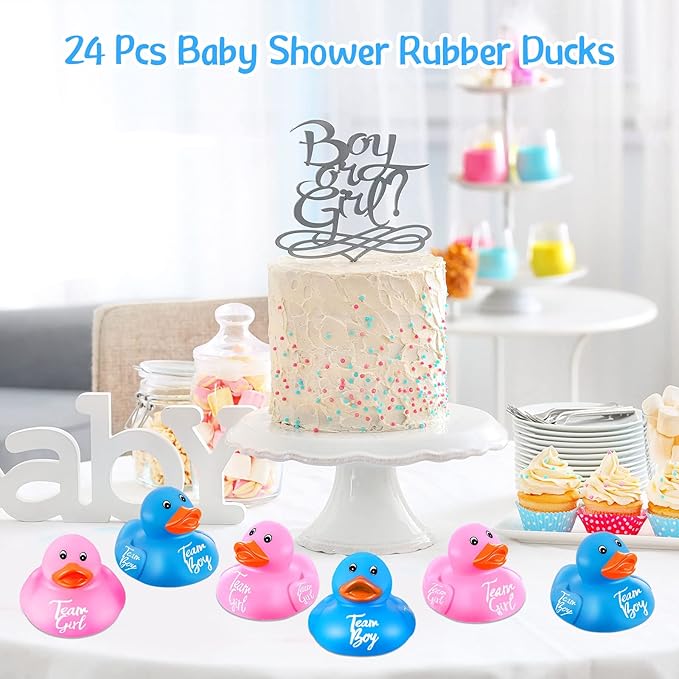 Deekin 24 Pieces Pink Blue Gender Reveal Rubber Ducks in Bulk Mini Ducky Bath Toys Small Ducks for Baby Shower Gender Reveal Party Favor Decorations(Team Boy / Girl)